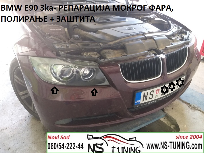 bmw e90 e91 2006 skidanje branika i farova xenon reparacija popravka lepljenje dihtovanje novi sad tuning ns